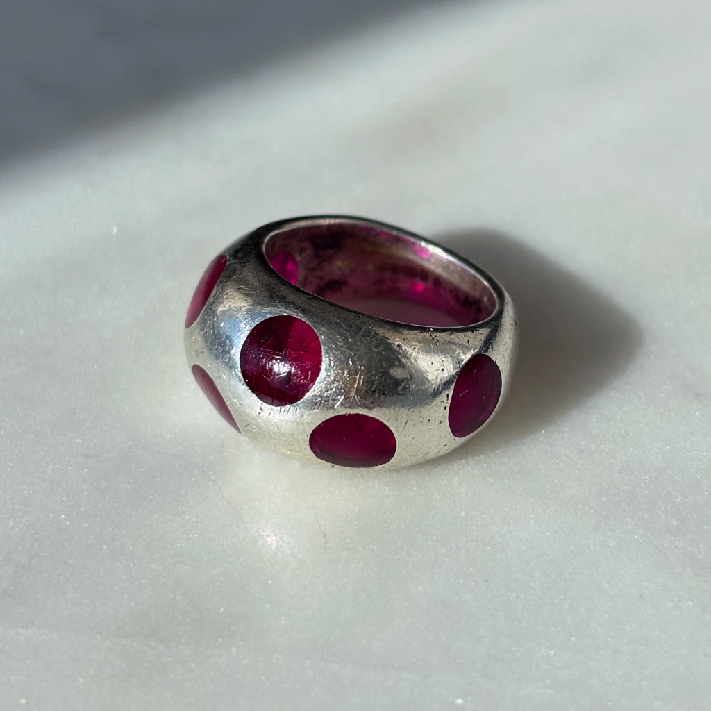 Vintage Heavy Modernist Sterling Silver and Pink Acrylic Ring