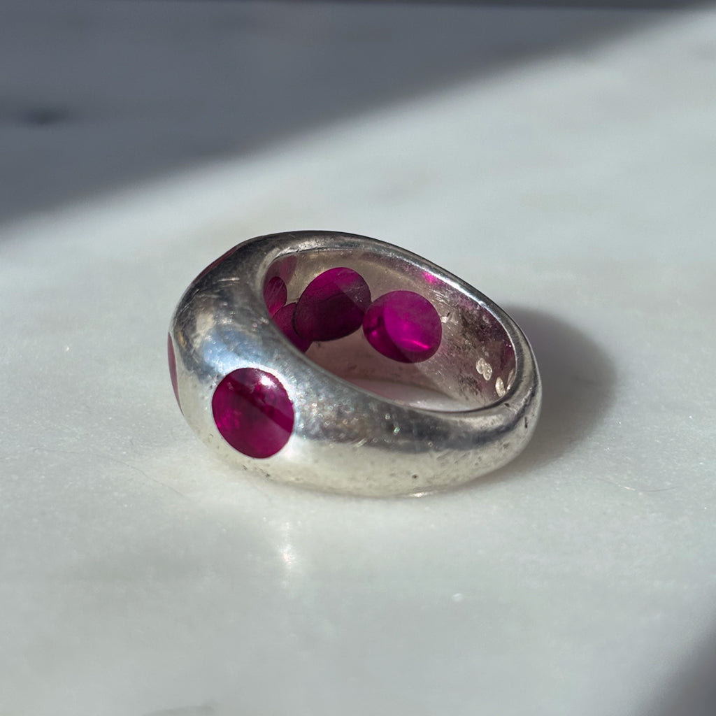 Vintage Heavy Modernist Sterling Silver and Pink Acrylic Ring