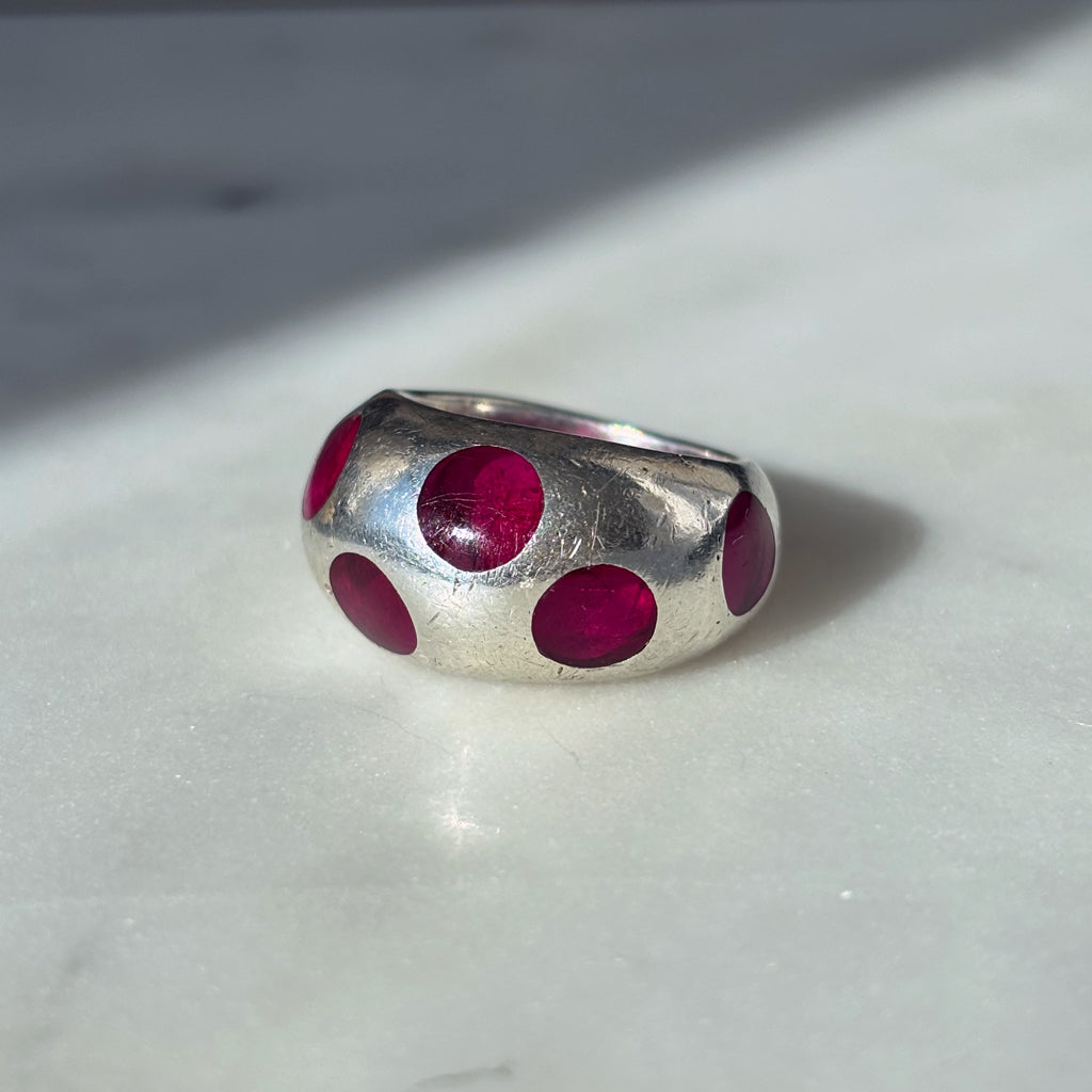 Vintage Heavy Modernist Sterling Silver and Pink Acrylic Ring