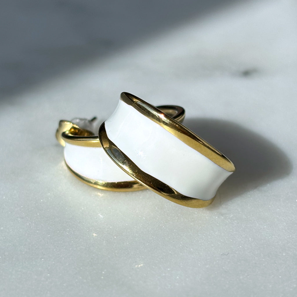 Vintage 14k Gold Plated White Enamel Chunky Statement Pierced Half Hoop Earrings