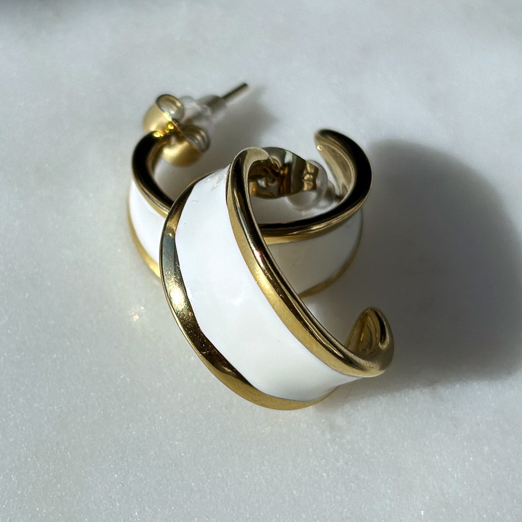 Vintage 14k Gold Plated White Enamel Chunky Statement Pierced Half Hoop Earrings