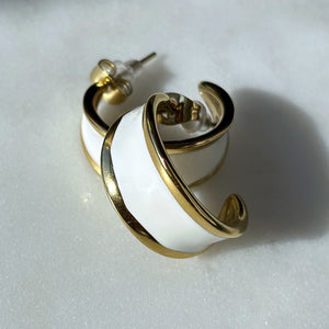 Vintage 14k Gold Plated White Enamel Chunky Statement Pierced Half Hoop Earrings