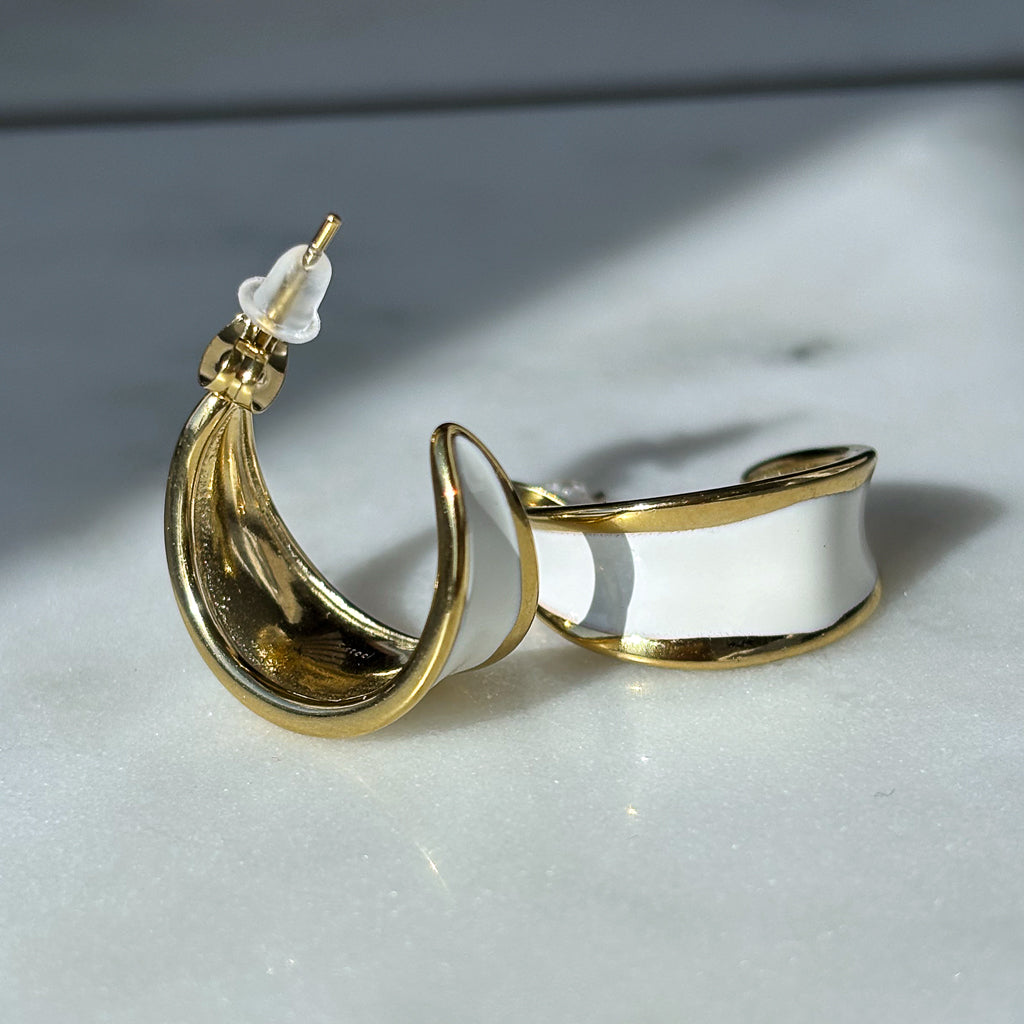Vintage 14k Gold Plated White Enamel Chunky Statement Pierced Half Hoop Earrings