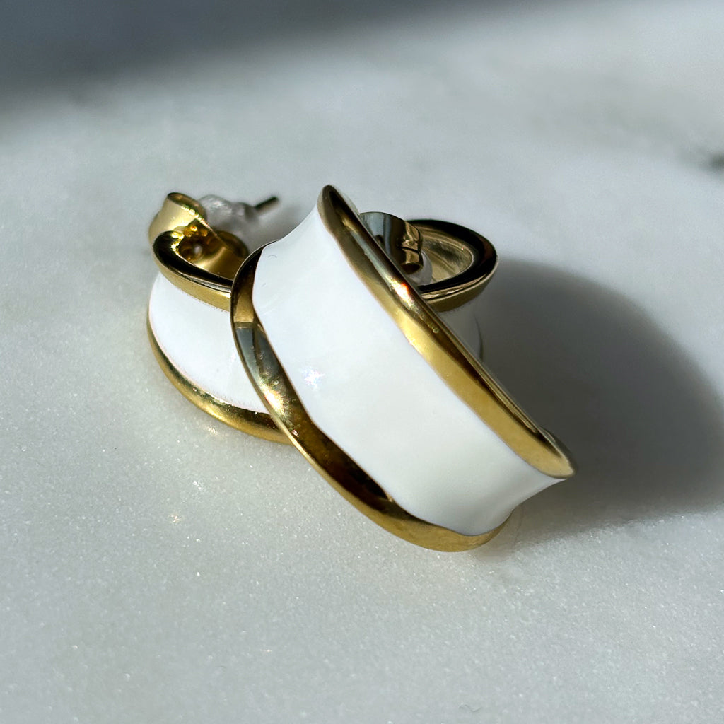 Vintage 14k Gold Plated White Enamel Chunky Statement Pierced Half Hoop Earrings