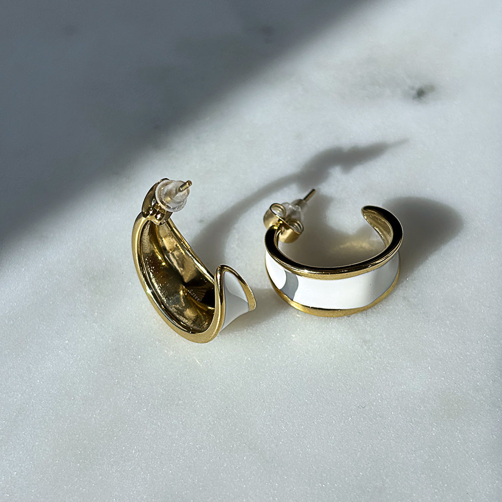 Vintage 14k Gold Plated White Enamel Chunky Statement Pierced Half Hoop Earrings