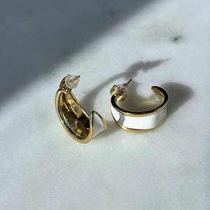 Vintage 14k Gold Plated White Enamel Chunky Statement Pierced Half Hoop Earrings