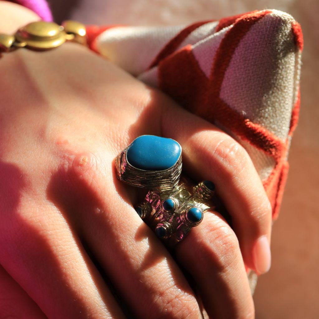 Yves Saint Laurent YSL Arty Cabochon Navy Dot Chunky Statement Ring – 1970s