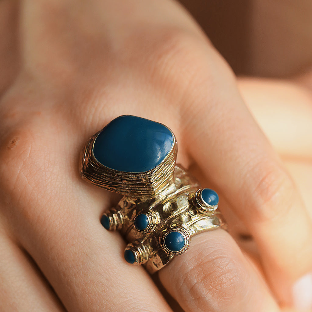 Yves Saint Laurent YSL Arty Cabochon Navy Dot Chunky Statement Ring – 1970s