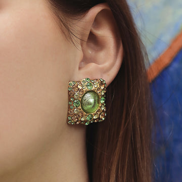 Yves Saint Laurent, Green And Gold Square Crystal Earrings, 1980s