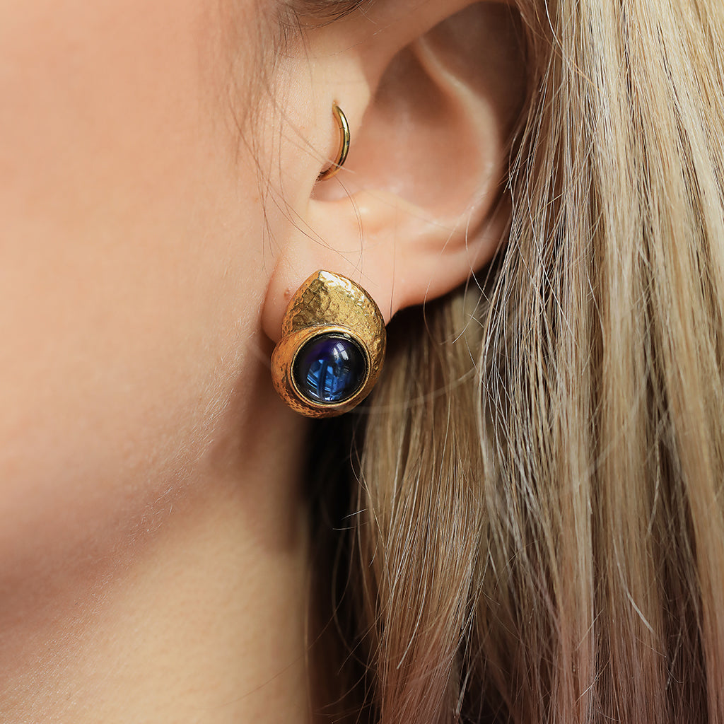 Yves Saint Laurent, Vintage Gold Plate and Blue Glass Stone Earrings, 1980s