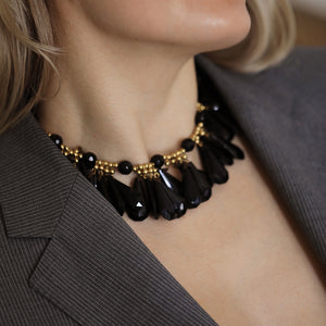 Yves Saint Laurent, Lucite Black Teardrop Gold Bead Bib Necklace, 1980s