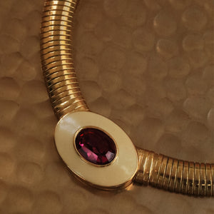 Yves Saint Laurent Gold Tubogas Necklace with Enamel & Pink Crystal, 1980s