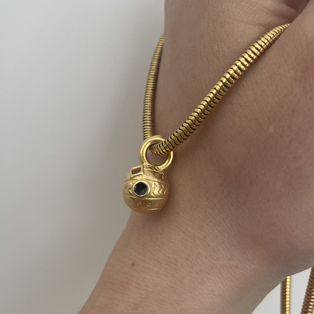 Gold-Tone Orb Pendant Necklace with Snake Chain – 1970s
