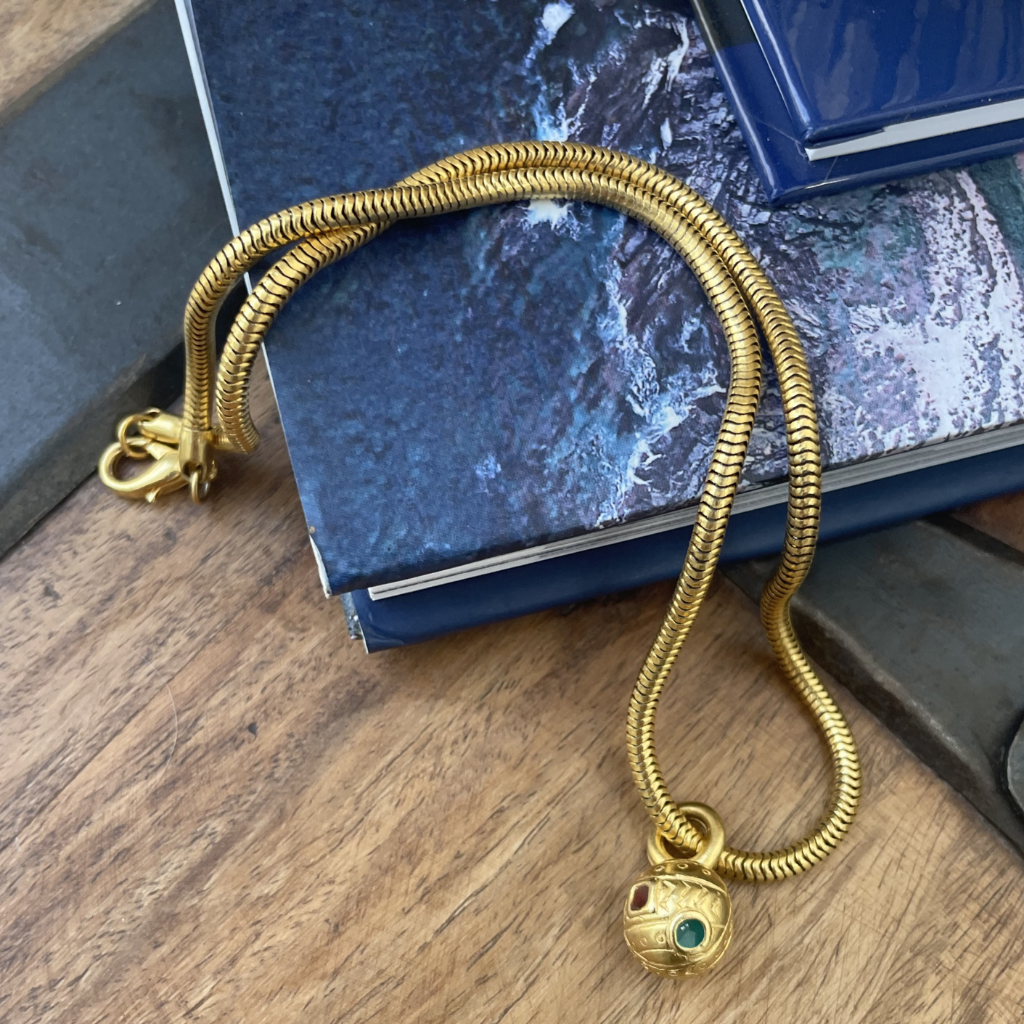 Gold-Tone Orb Pendant Necklace with Snake Chain – 1970s
