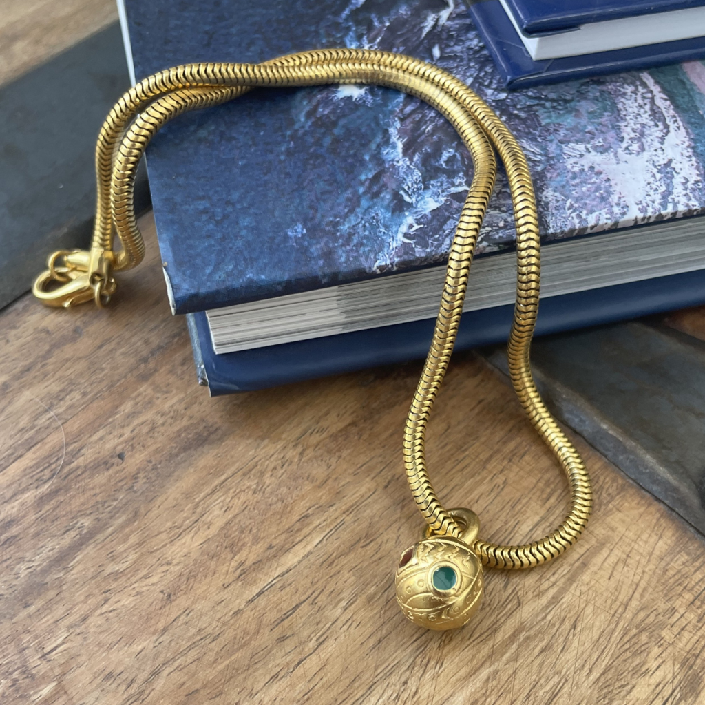Gold-Tone Orb Pendant Necklace with Snake Chain – 1970s