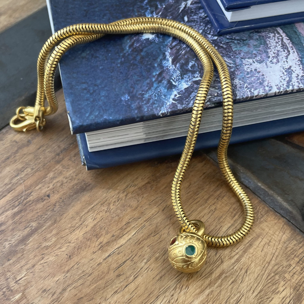 Gold-Tone Orb Pendant Necklace with Snake Chain – 1970s