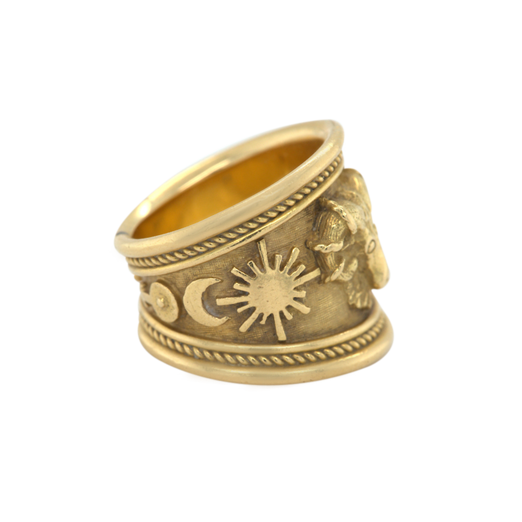 Signed Gold Aries Zodiac Band Ring, Elizabeth Gage, British, 1987