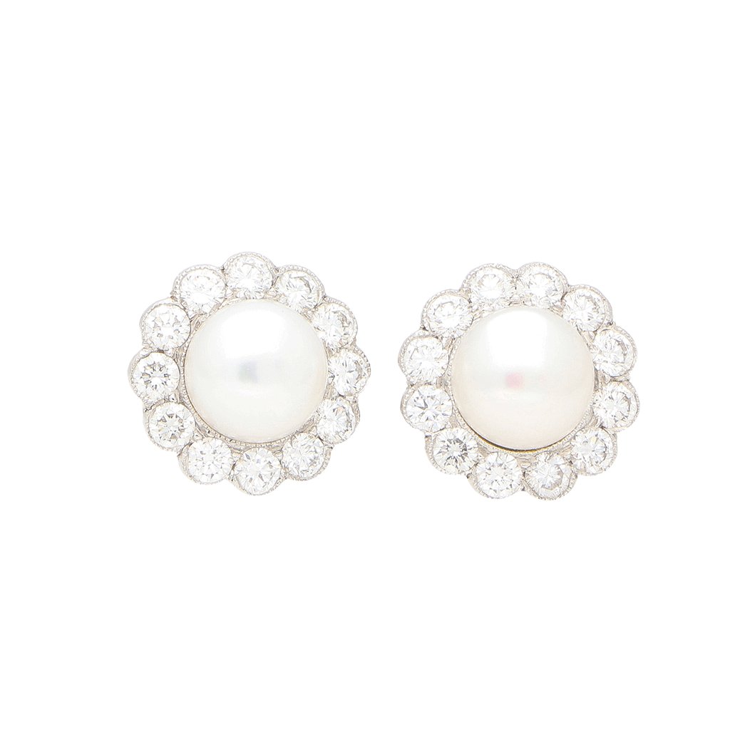 Diamond and White Pearl Cluster Earrings